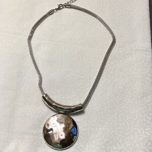 Hammered Silvertone  Pendant Necklace on a Silky Mesh Chain